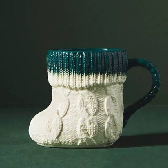 ANTHROPOLOGIE Holiday Christmas White Green Stocking Cocoa Mug NEW WITH TAG - Picture 1 of 5